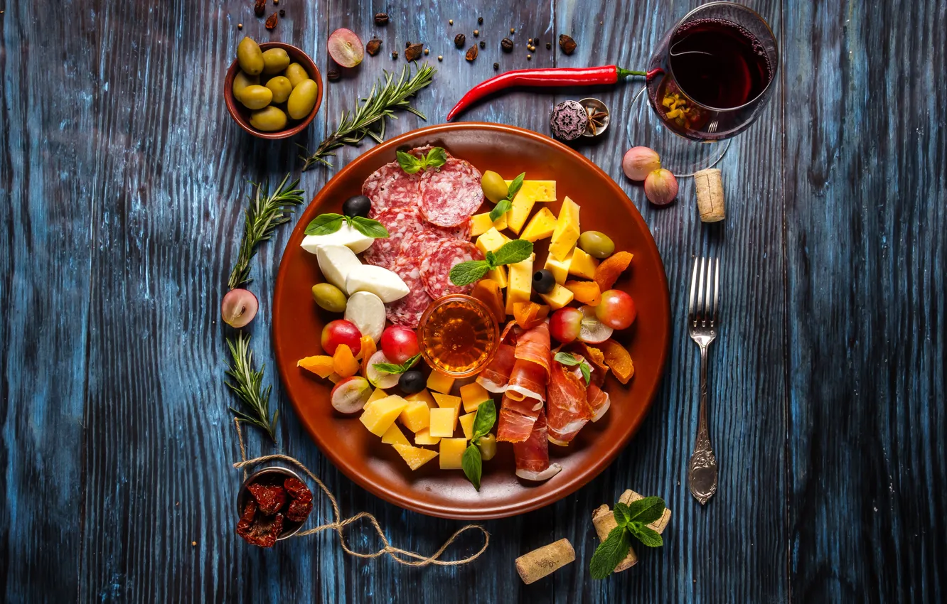 Photo wallpaper wine, cheese, meat, vegetables, wood, sausage, cutting, bacon