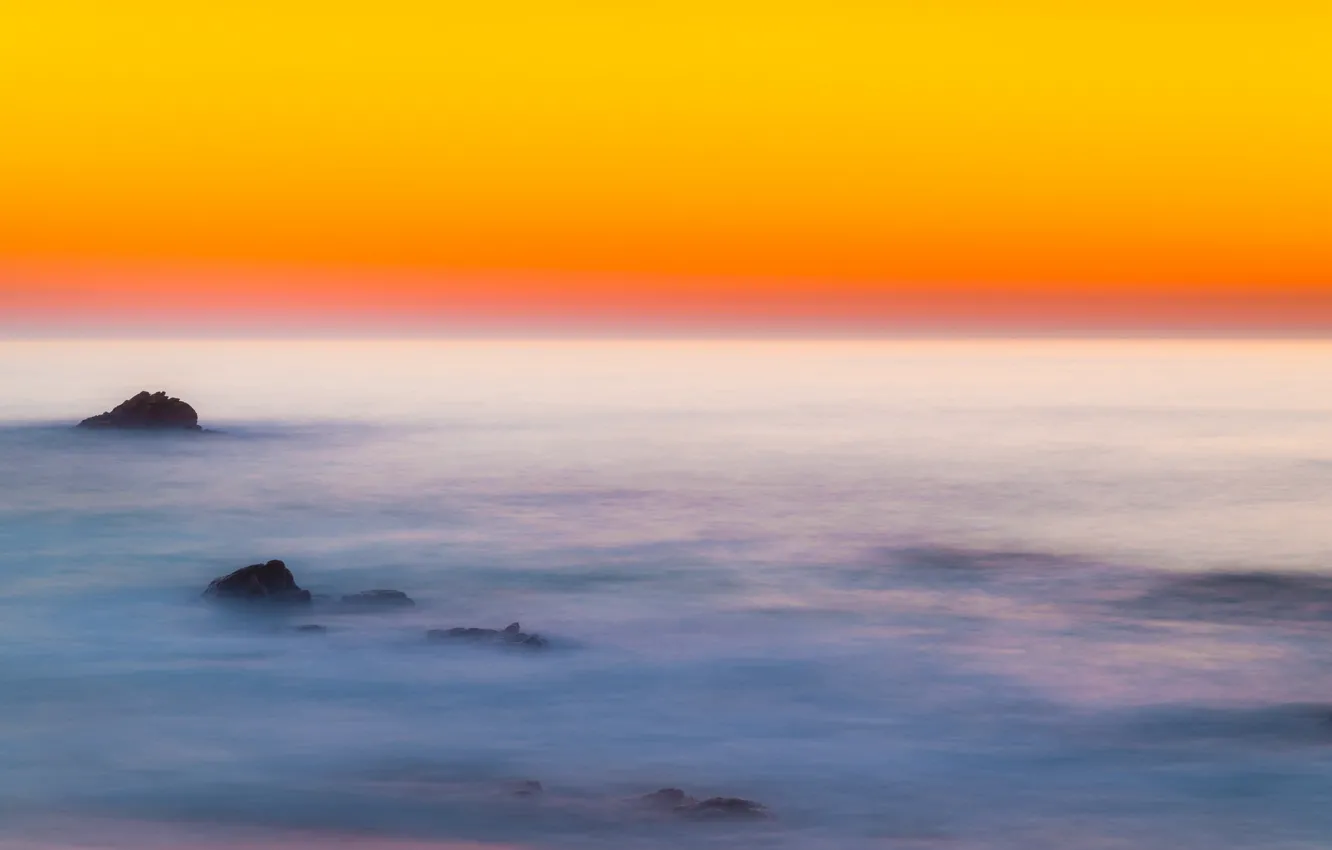 Photo wallpaper sea, the sky, sunset, stones, horizon, glow