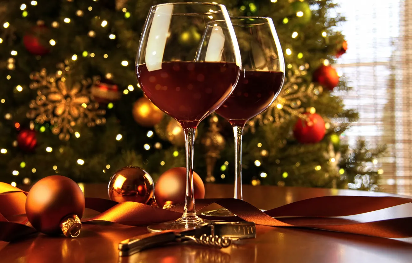 Photo wallpaper table, holiday, wine, balls, toys, glasses, New year, tree