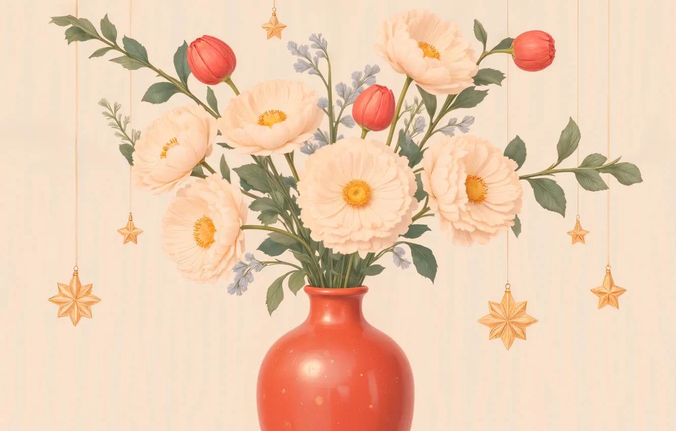 Photo wallpaper leaves, stars, flowers, branches, red, new year, bouquet, Christmas