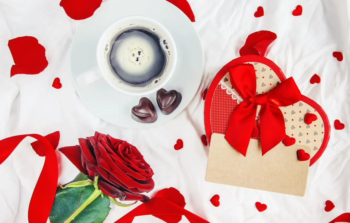 Photo wallpaper holiday, gift, rose, coffee, candy, heart, Valentine's day