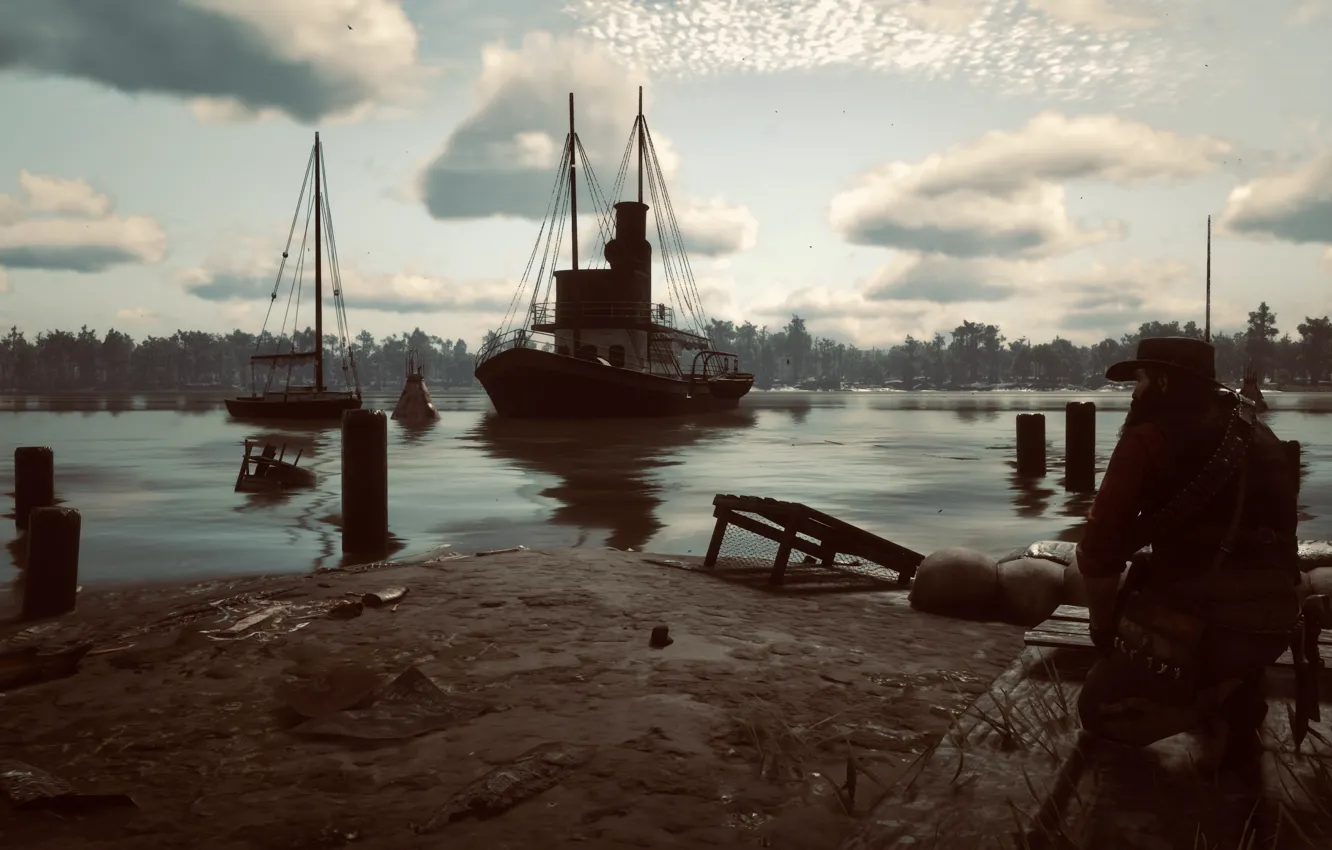 Photo wallpaper HDR, game, Dock, sky, sea, clouds, ship, John