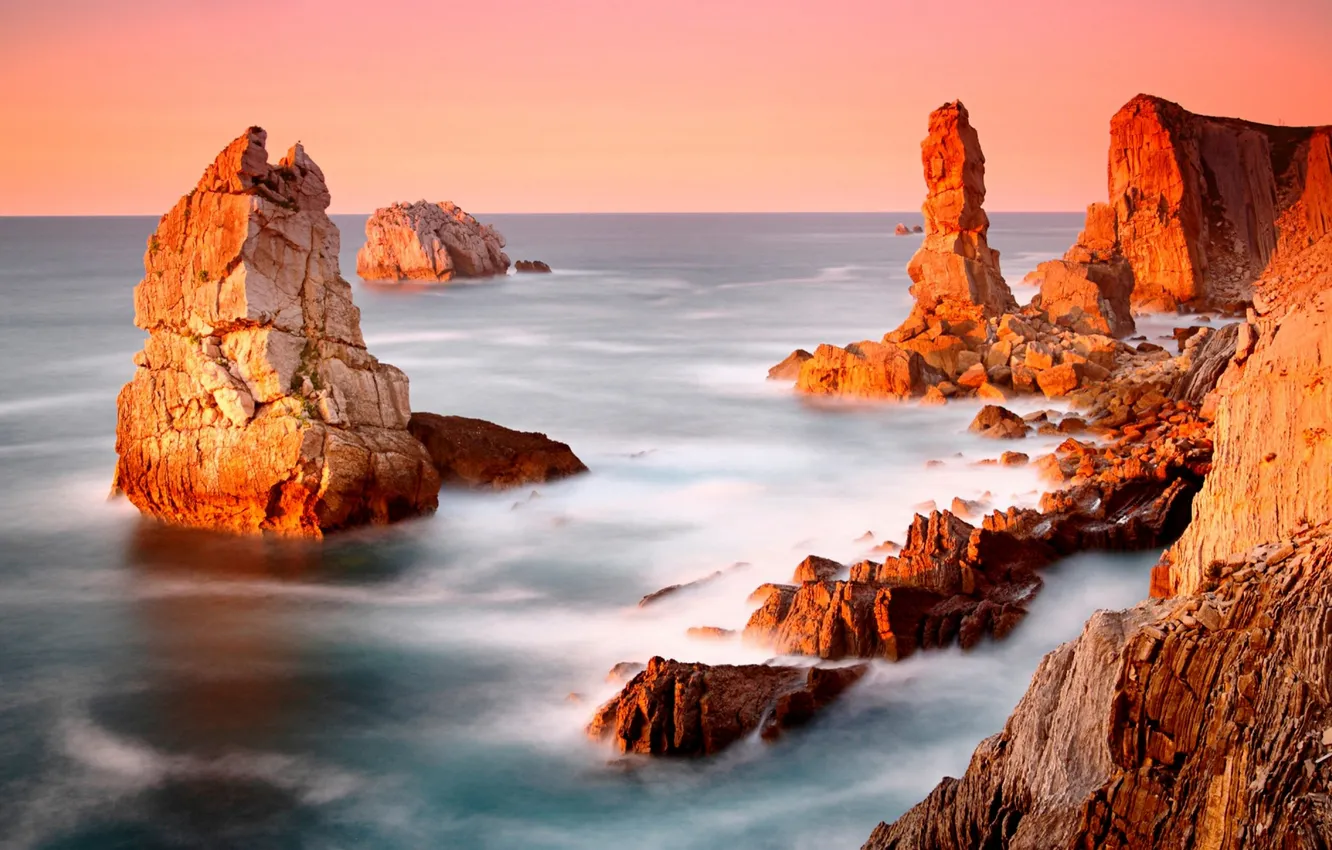 Photo wallpaper wave, the sky, landscape, sunset, nature, the ocean, rocks, horizon