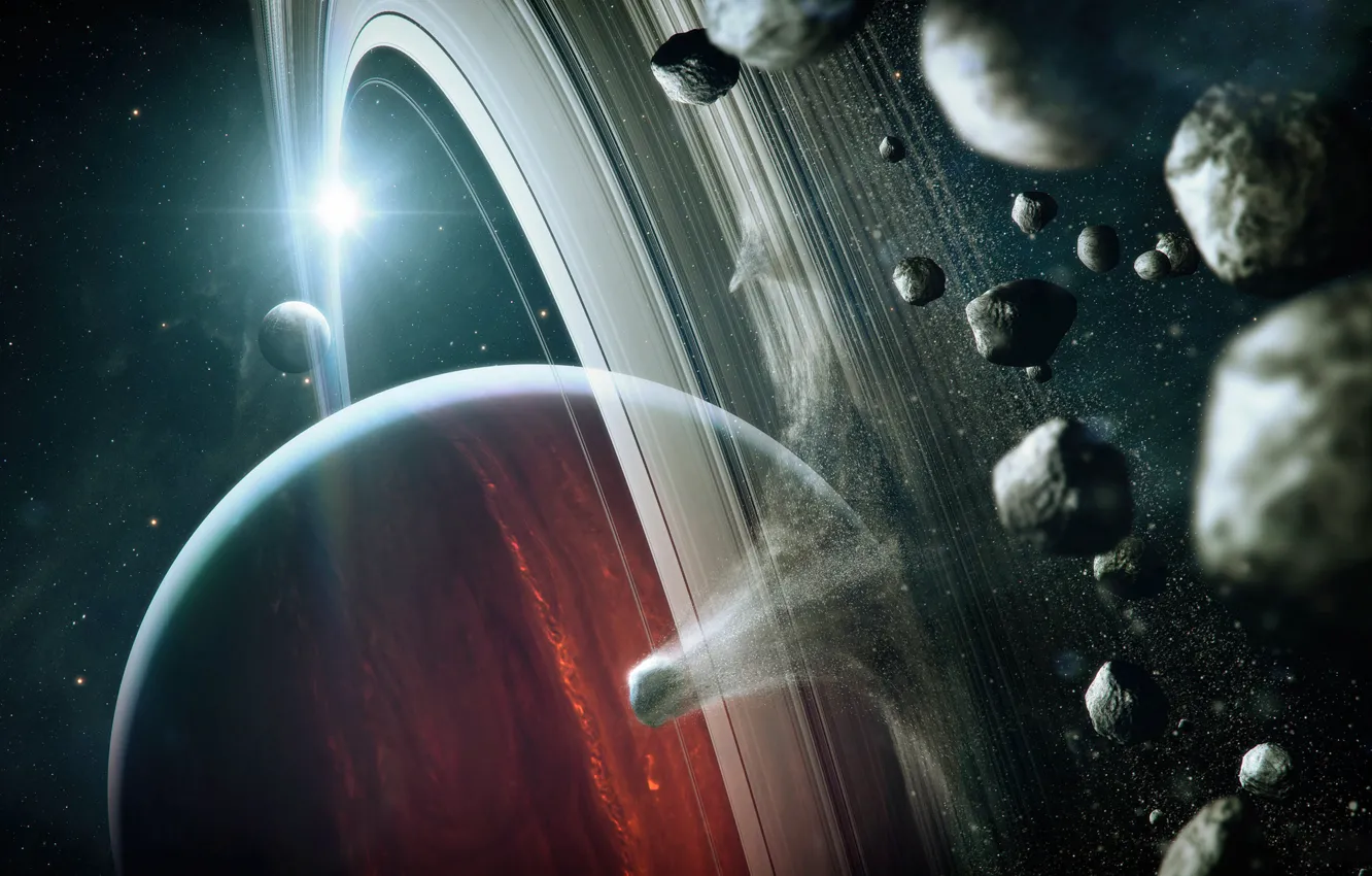 Photo wallpaper space, stars, fiction, planet, satellite, asteroids, ring, art