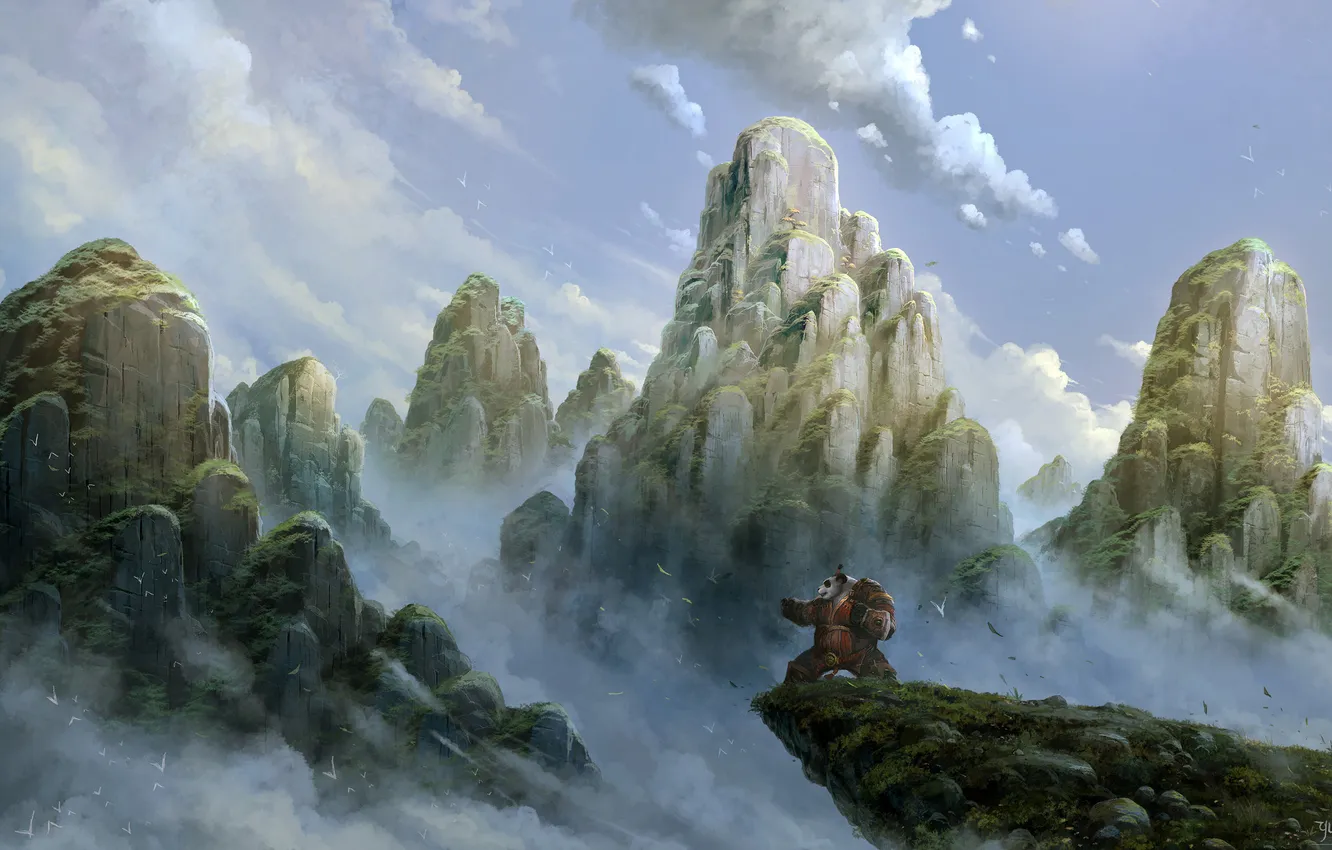 Photo wallpaper mountains, nature, open, the wind, art, Panda, World of Warcraft, Mists of Pandaria
