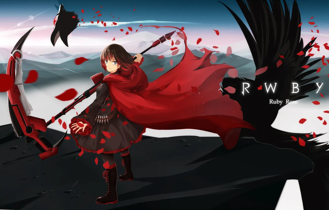 Photo wallpaper girl, bird, petals, braid, RWBY, Ruby Rose