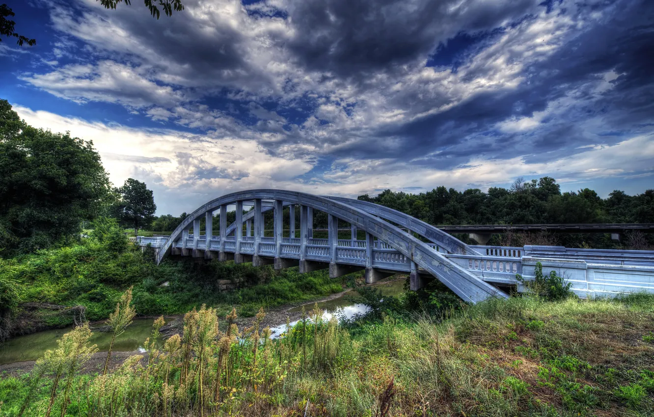 Photo wallpaper the sky, clouds, bridge, stream, HDR, USA, Kansas, Kansas