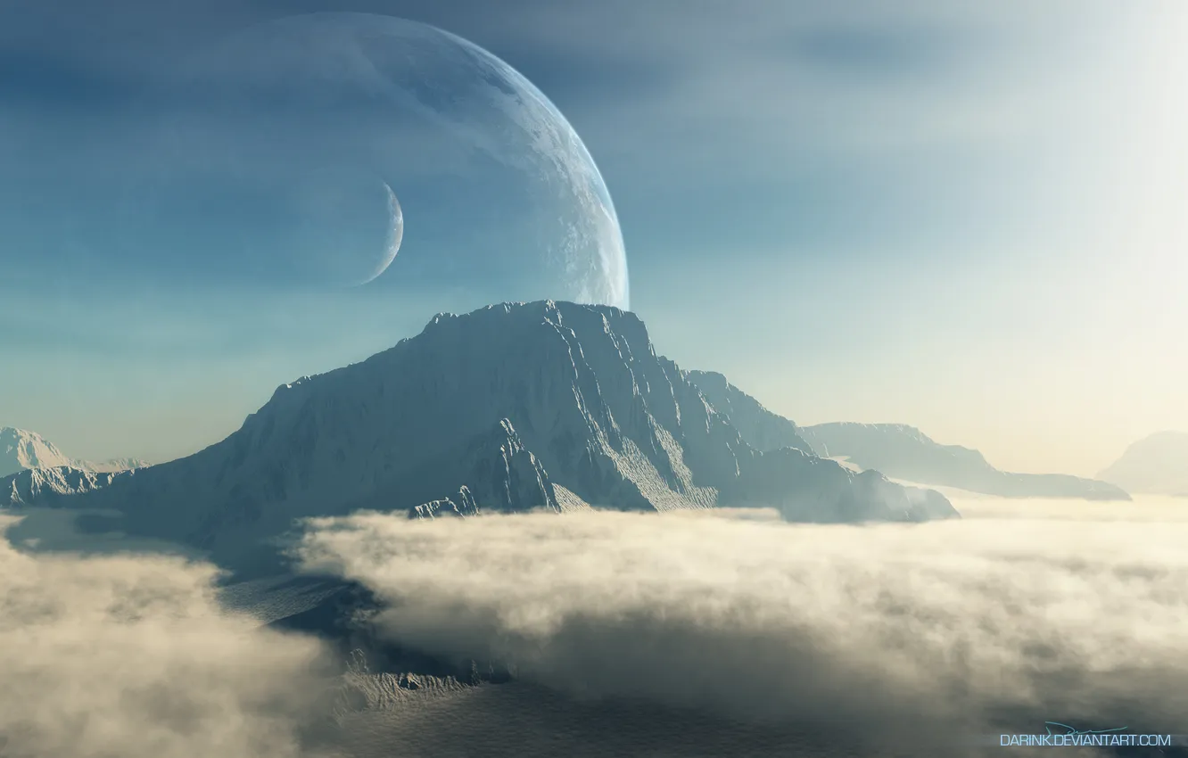 Photo wallpaper clouds, mountains, planet, satellite, art, terraspace