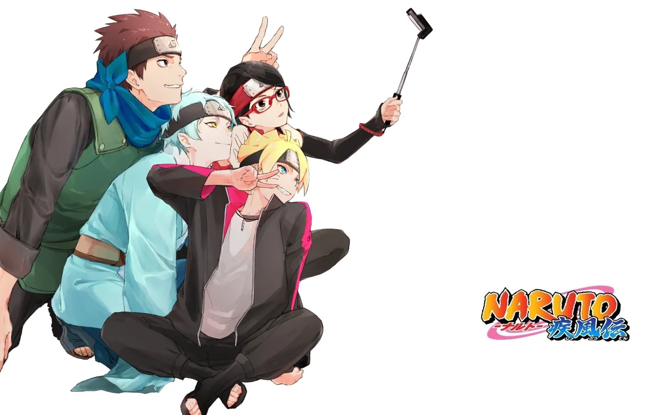 Photo wallpaper glasses, white background, ninja, friends, smile, selfie, Boruto, bandage on forehead