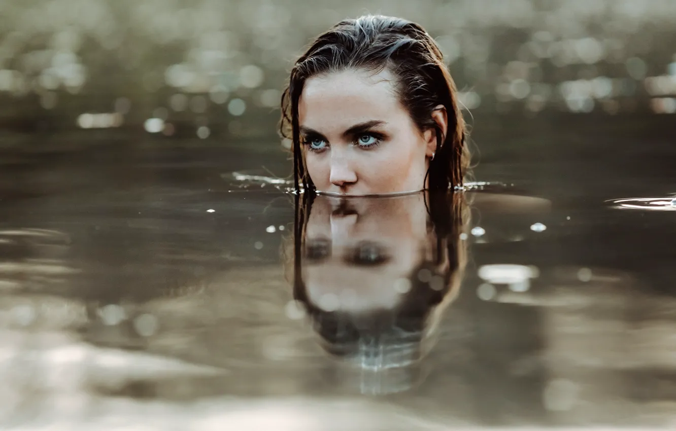 Photo wallpaper face, reflection, model, portrait, wet, makeup, hairstyle, brown hair