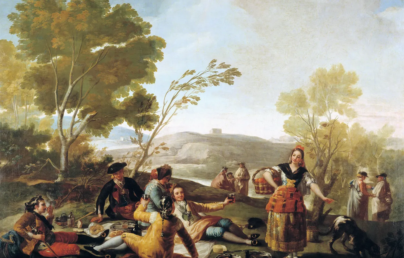 Photo wallpaper trees, landscape, people, picture, Picnic, genre, Francisco Goya