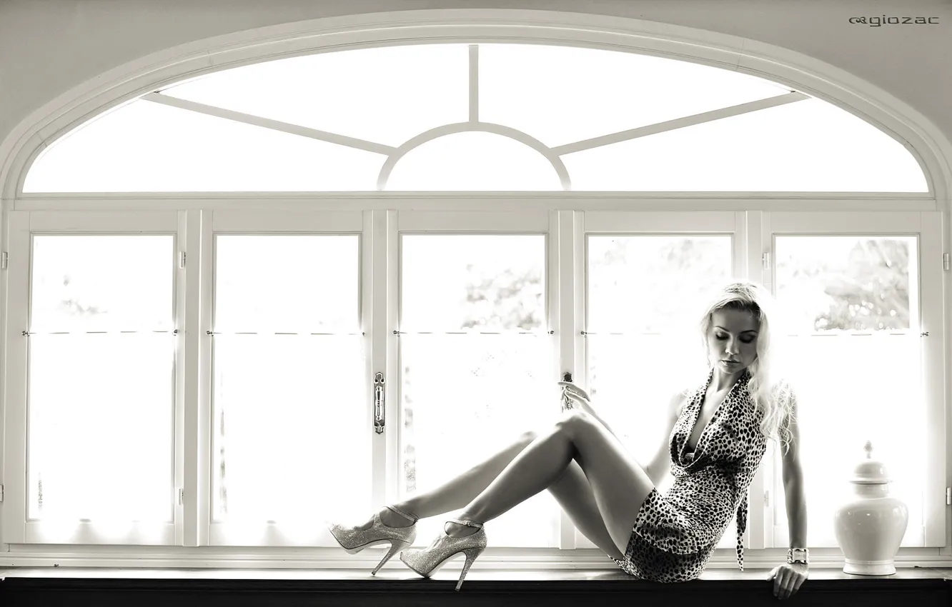 Photo wallpaper girl, dress, b/W, window, legs, beautiful, photographer, sitting