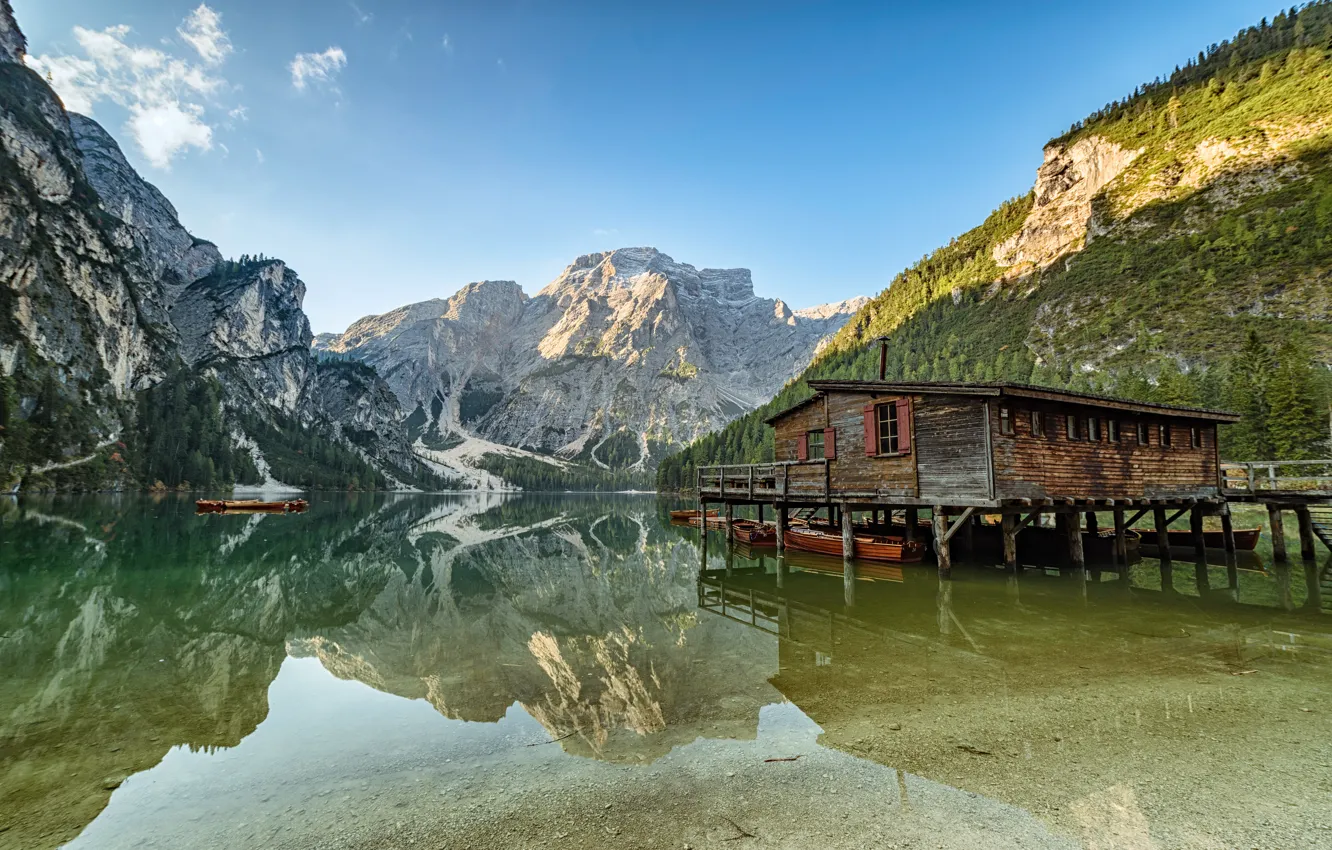 Photo wallpaper mountains, lake, reflection, house