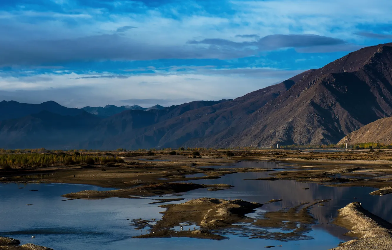 Photo wallpaper the sky, clouds, mountains, blue, shore, slope, haze, pond