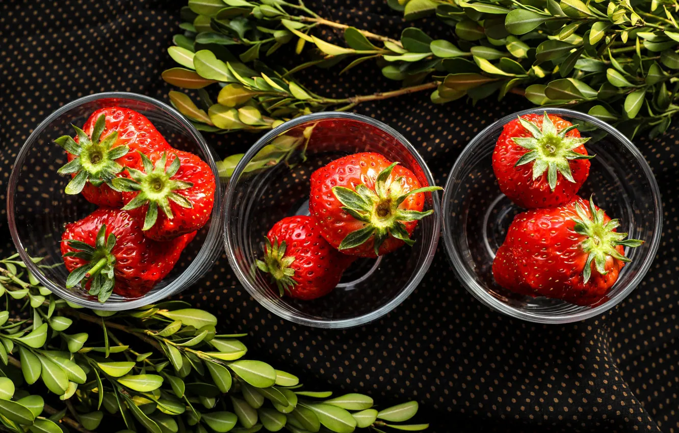 Photo wallpaper greens, glass, glass, berries, the dark background, sprig, strawberry, fabric
