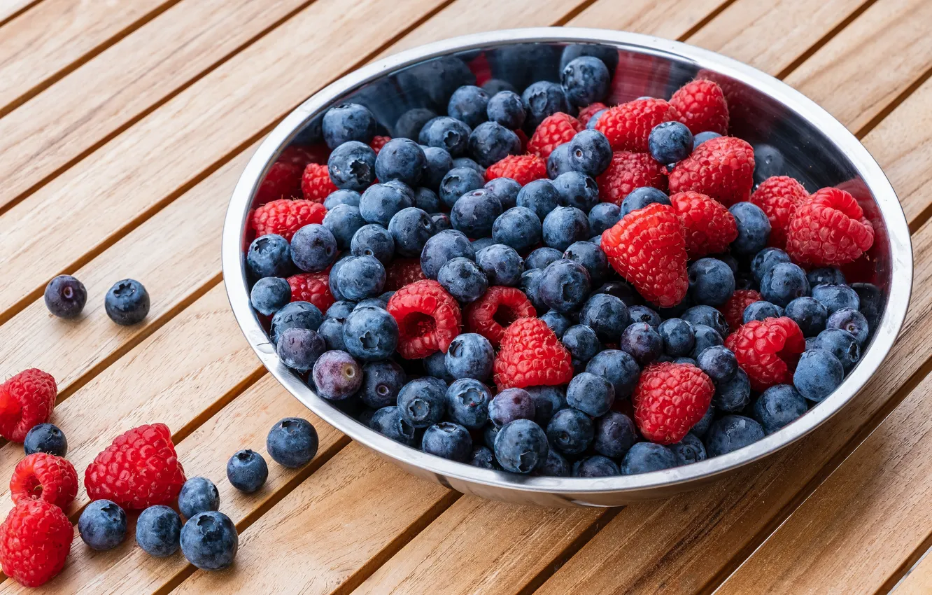 Photo wallpaper berries, raspberry, Board, blueberries, bowl, blueberries