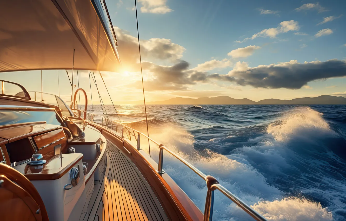 Photo wallpaper sea, wave, yacht, boat, swimming, boats, AI art, neural network