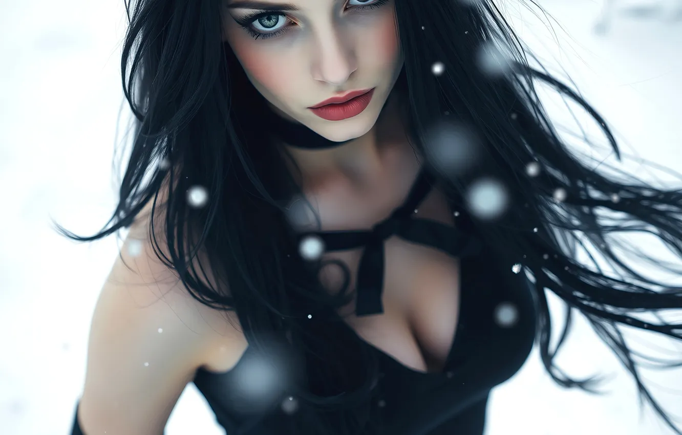 Photo wallpaper winter, chest, look, girl, snow, face, the wind, portrait