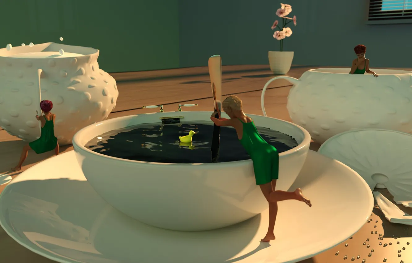 Photo wallpaper girl, table, coffee, morning, cream, vase, girls, morning