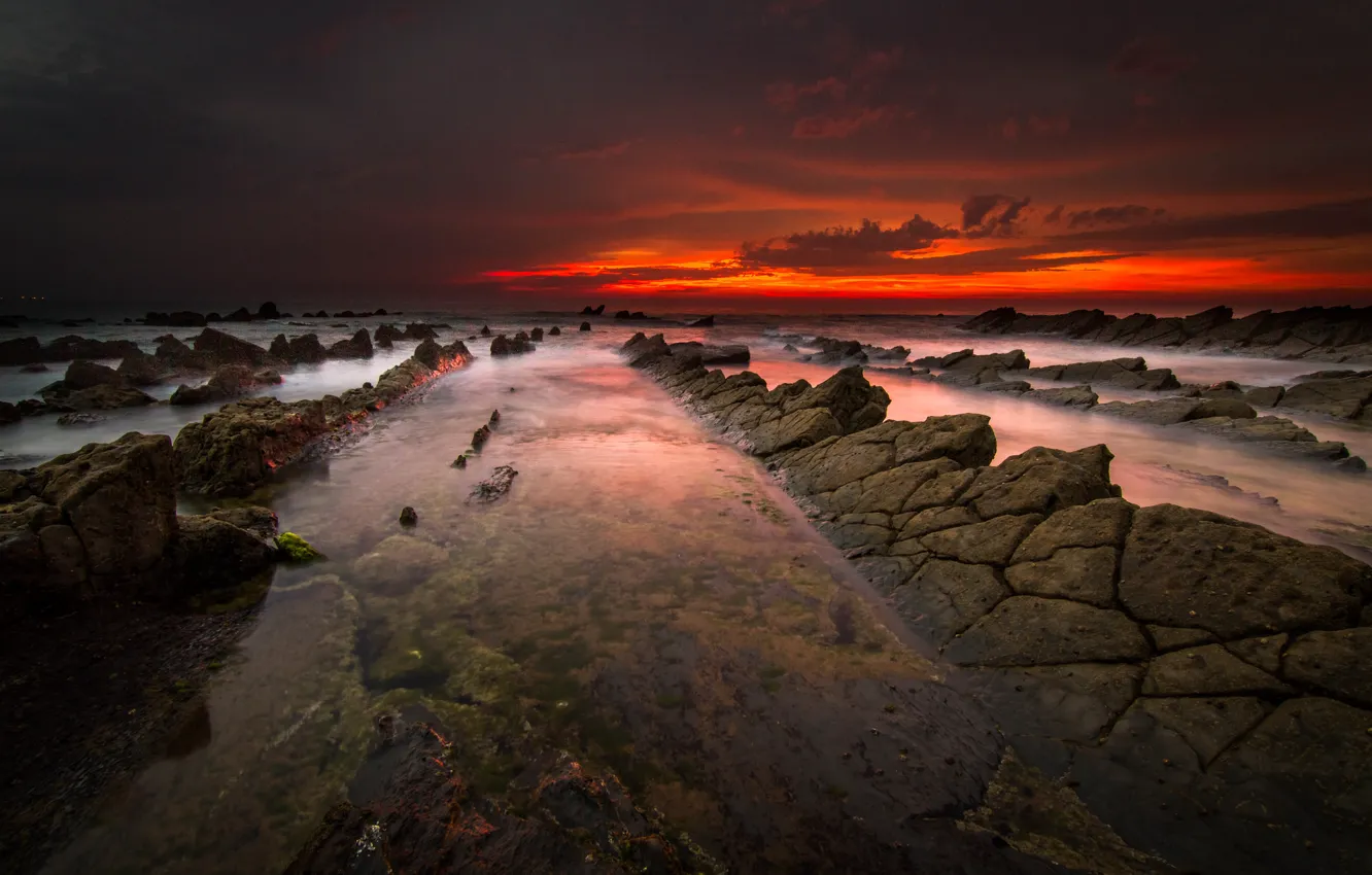 Photo wallpaper sea, the sky, clouds, night, rocks, tide, glow
