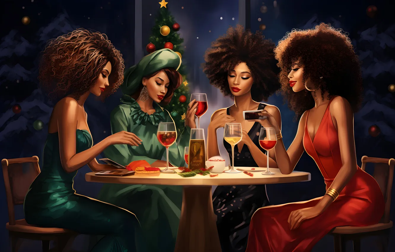 Photo wallpaper girl, table, glass, tree, new year, four, Christmas, champagne