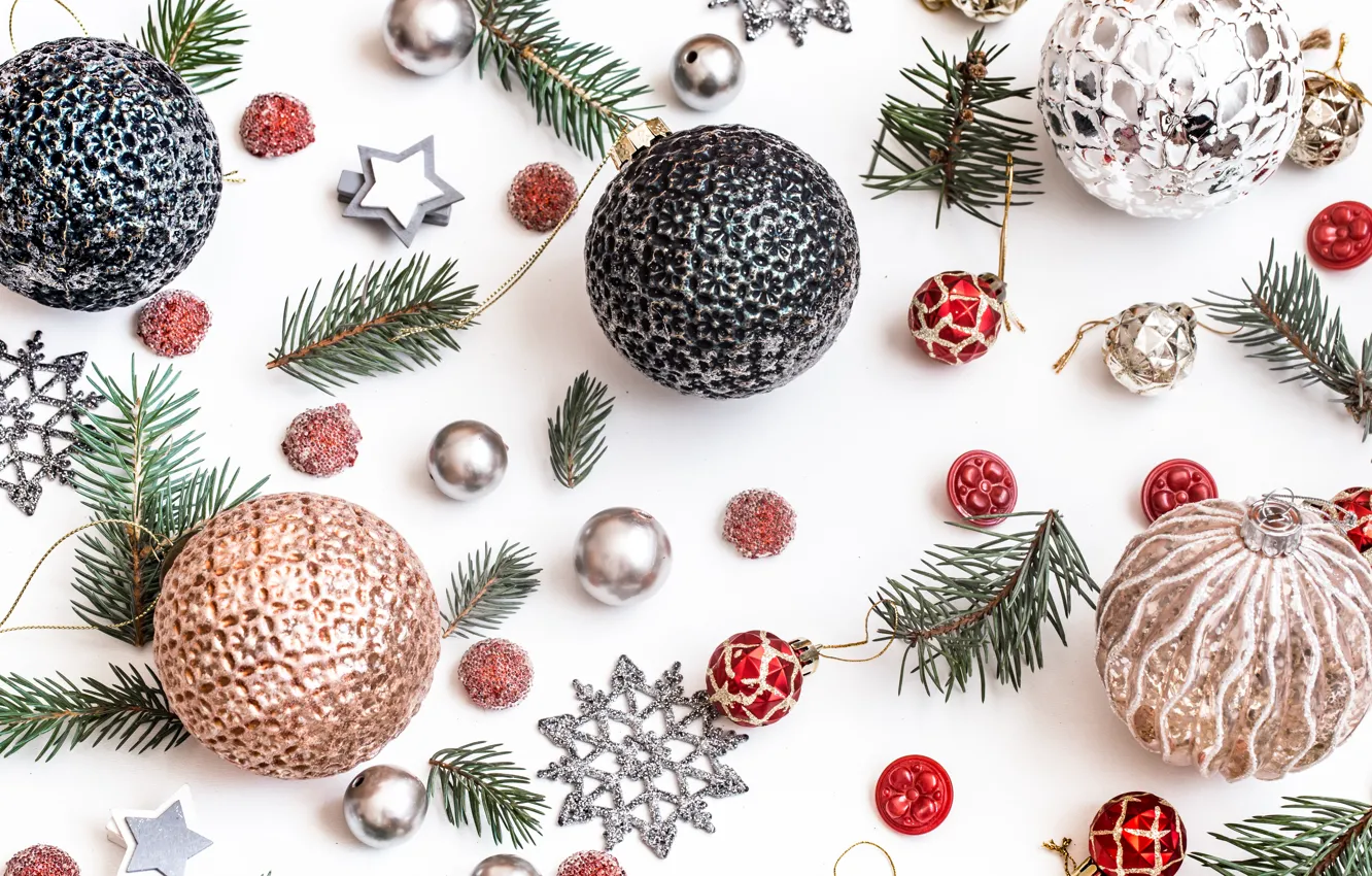 Photo wallpaper balls, snowflakes, balls, Christmas, white background, New year, twigs