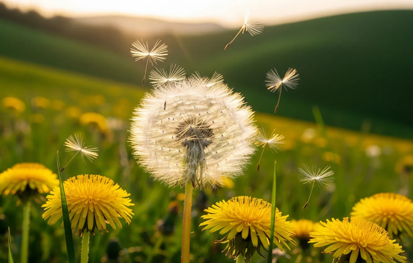 Photo wallpaper the sun, nature, dandelion, hills, Wallpaper, wallpaper, nature, sun