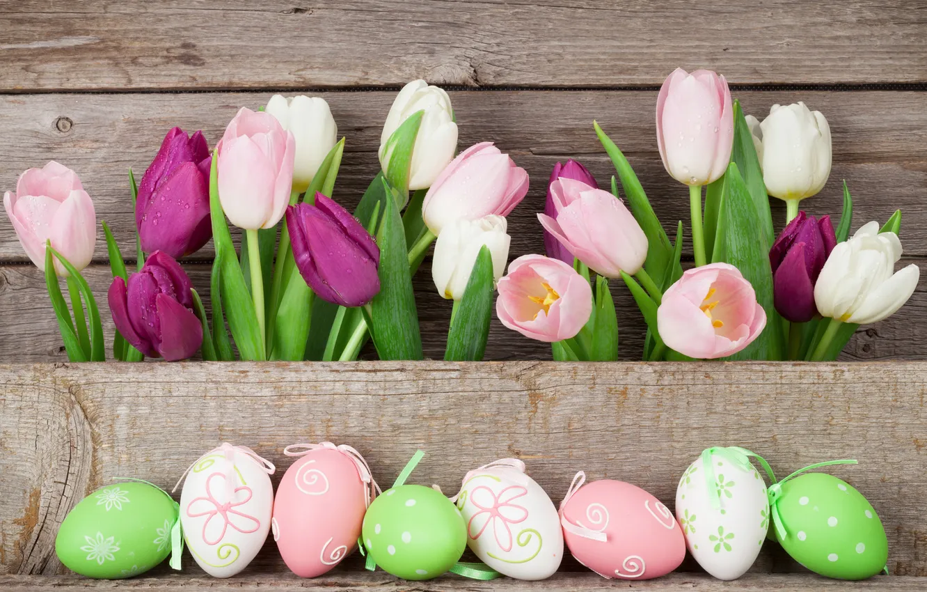 Photo wallpaper flowers, eggs, spring, colorful, Easter, wood, pink, flowers