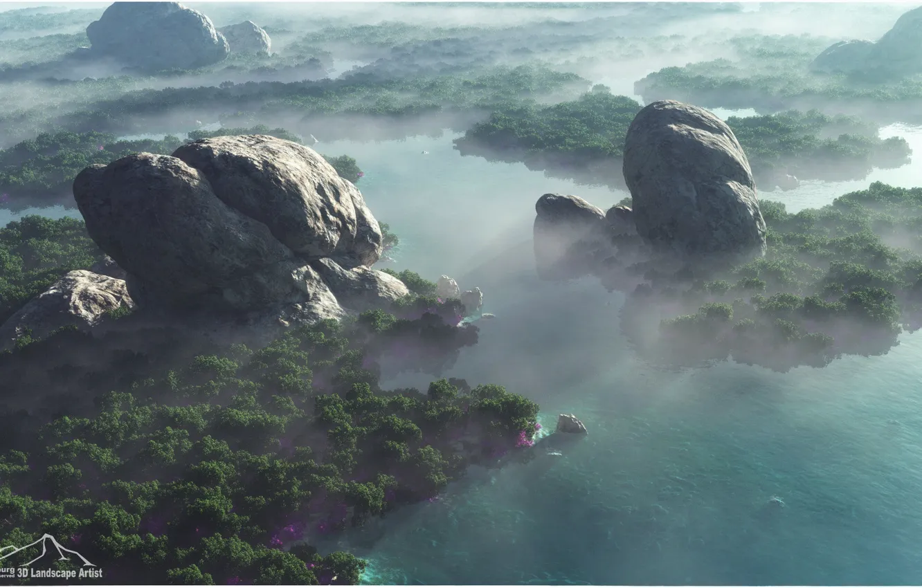Photo wallpaper fog, rocks, vegetation, pond, Undiscovered