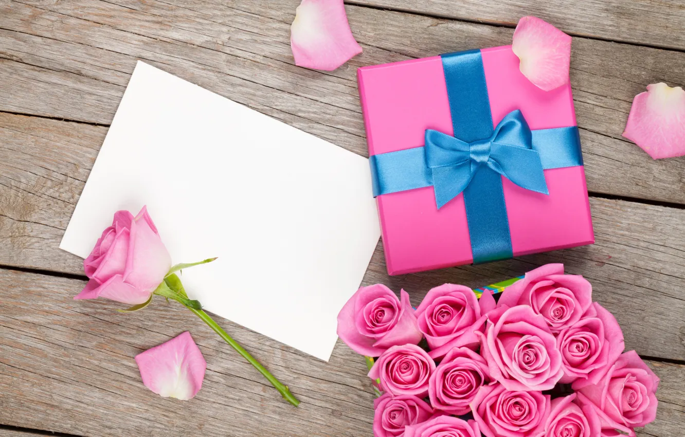 Photo wallpaper love, box, gift, romance, roses, bouquet, petals, pink