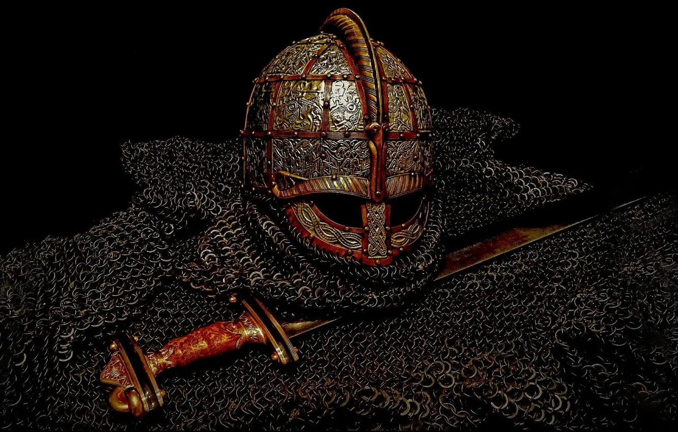 Photo wallpaper black background, Wandalska era, Valsgärde 8, Sword Valsgarde 8, Helmet Valsgarde 8