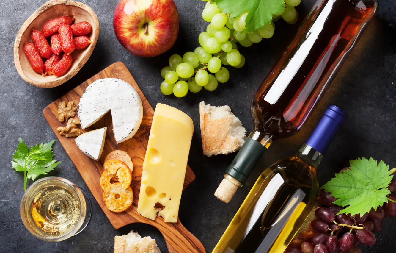 Photo wallpaper wine, apples, Board, cheese, honey, grapes