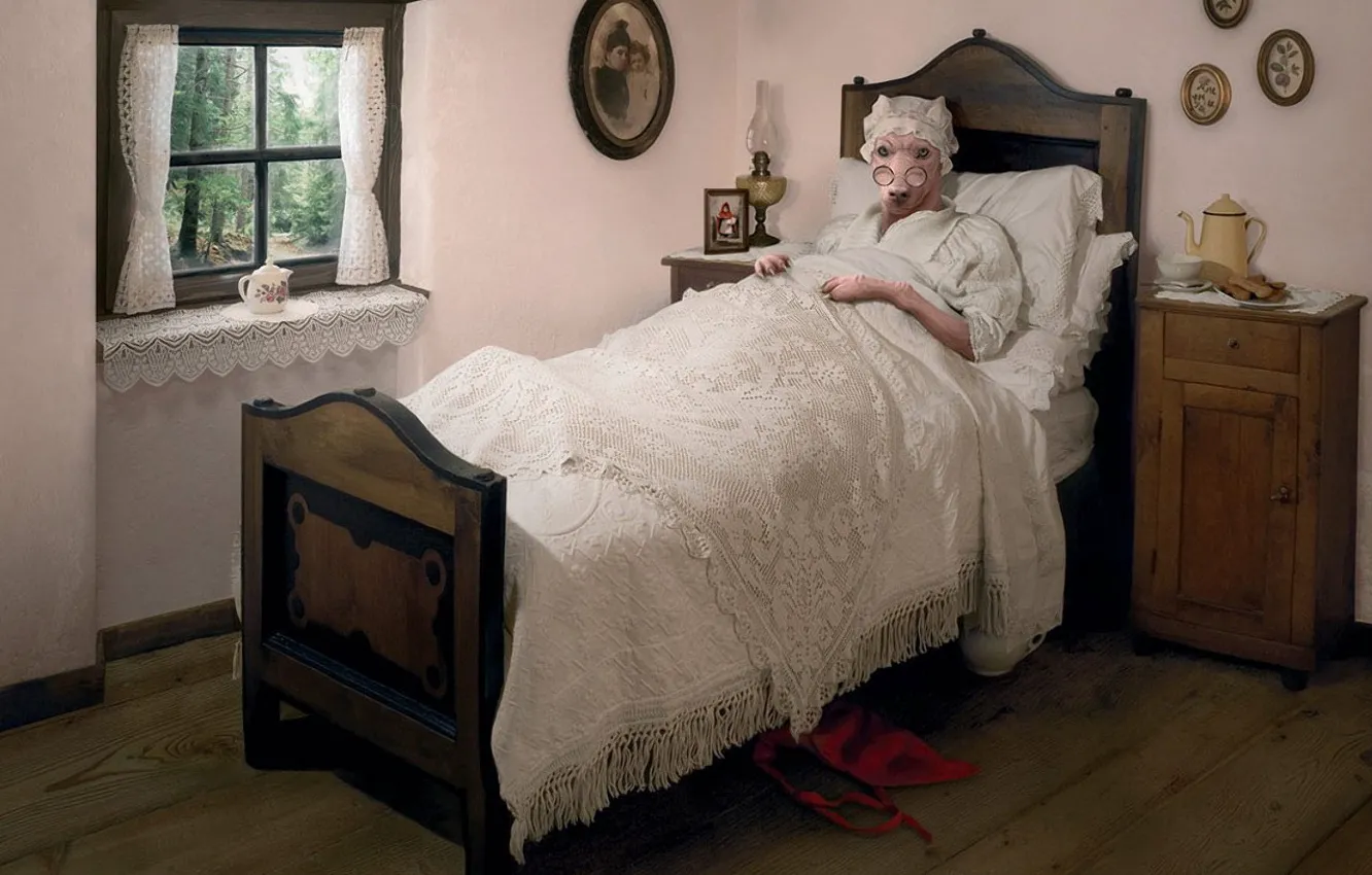 Photo wallpaper bed, wolf, grandma, tale