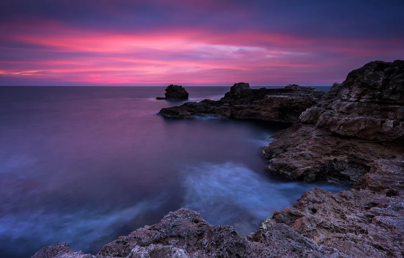 Photo wallpaper sea, beach, landscape, sunset, nature, sunrise, stones, rocks