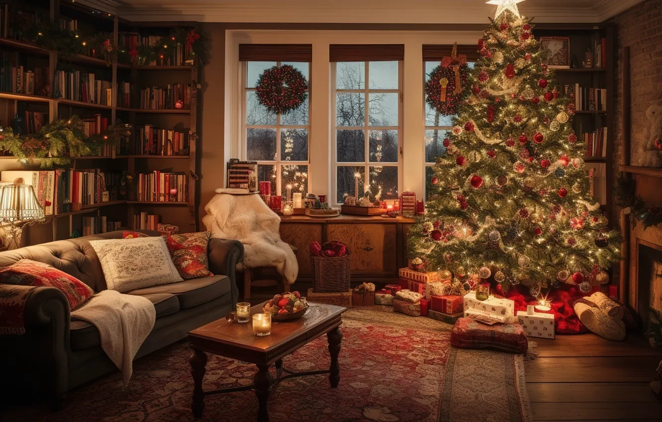 Photo wallpaper decoration, room, balls, tree, interior, New Year, Christmas, gifts