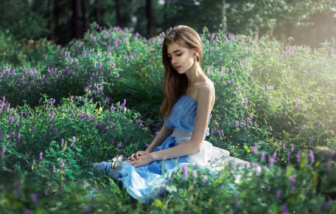 Photo wallpaper field, summer, girl, flowers, nature, sweetheart, dress, Arbuzov Vilina