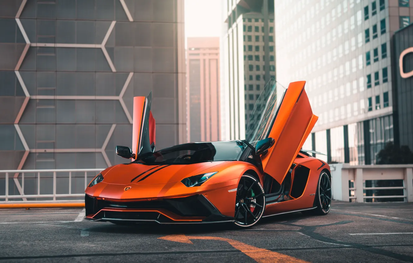 Photo wallpaper Orange, Aventador, Doors up