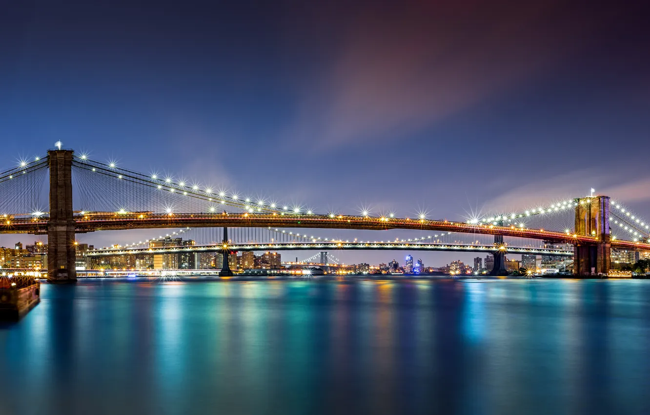 Photo wallpaper water, night, bridge, the city, lights, lights, skyscrapers, panorama