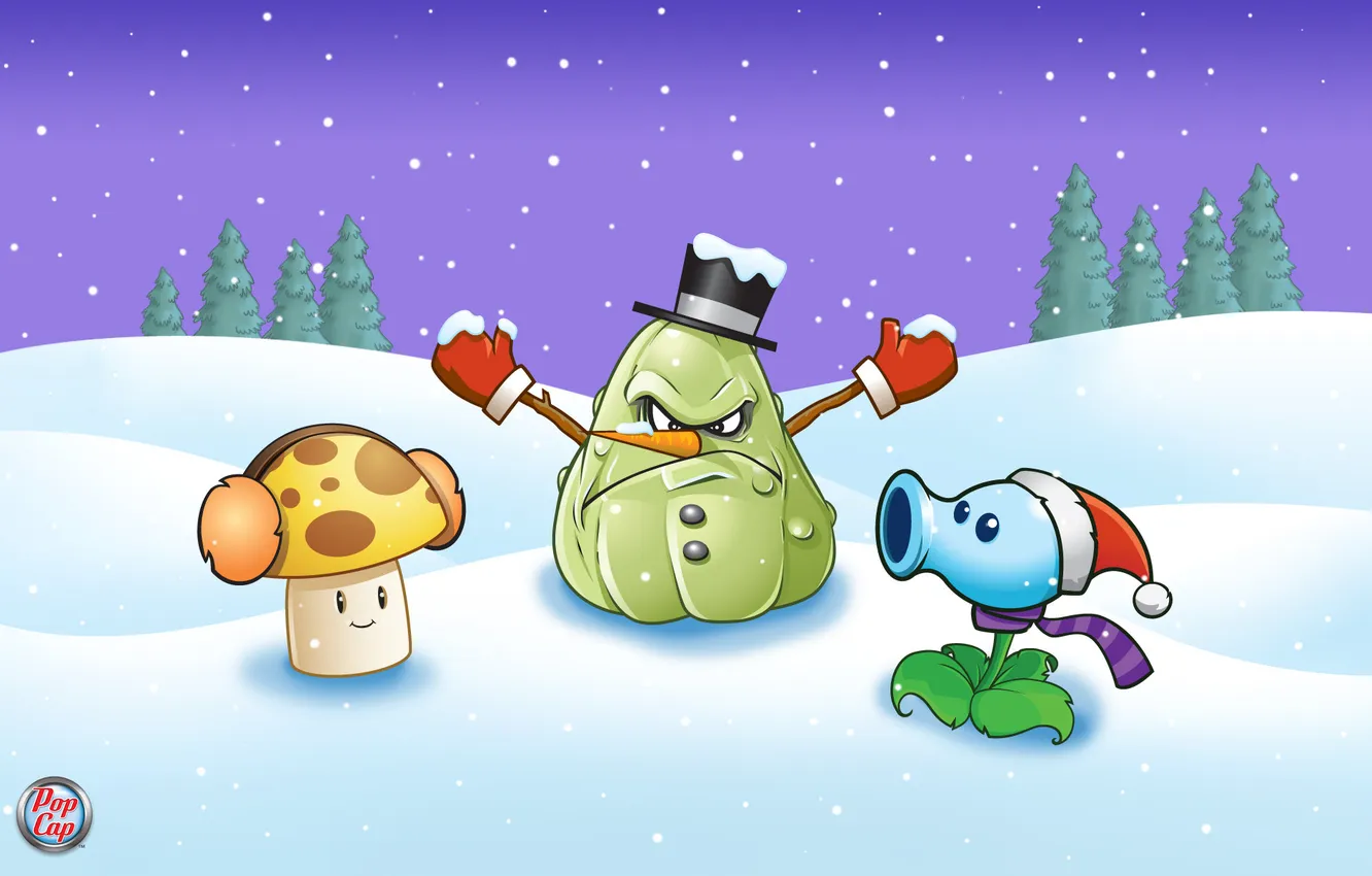 Photo wallpaper winter, snow, mushrooms, plants vs zombies