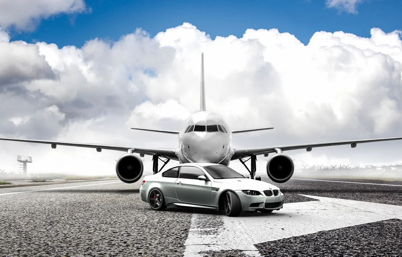 Photo wallpaper the plane, bmw, BMW, silver, plane, e92, silvery