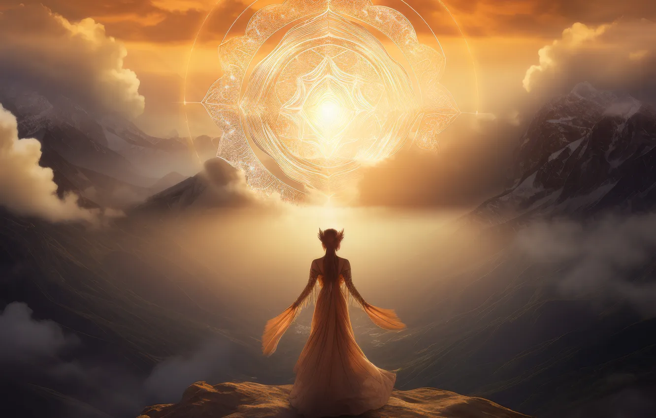 Photo wallpaper girl, the sun, mountains, clouds, dress, back, digital art, AI art