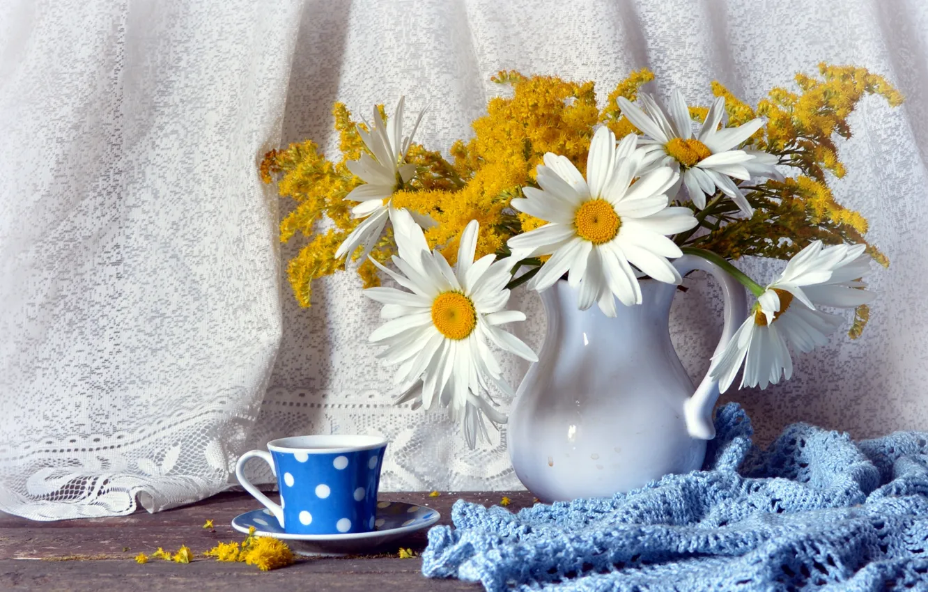 Photo wallpaper chamomile, bouquet, Cup, pitcher, still life