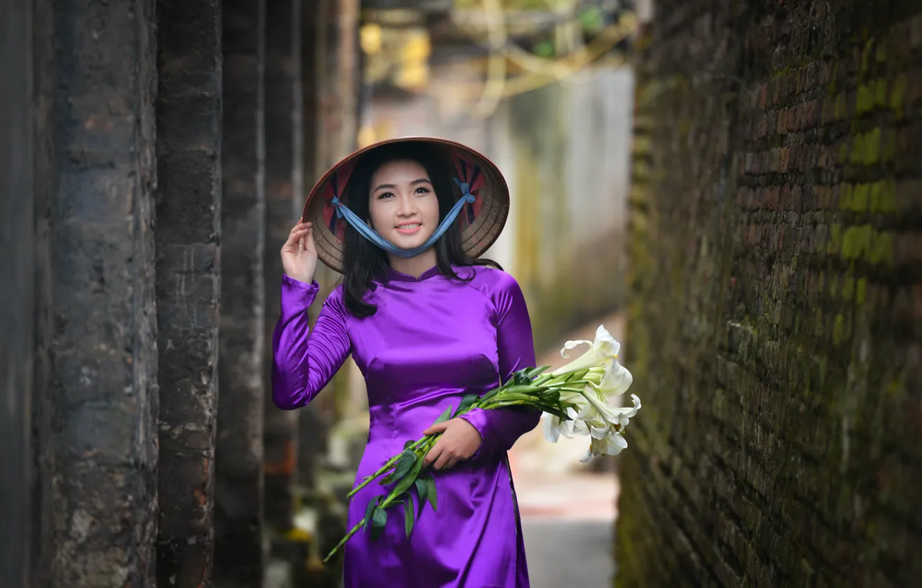 Photo wallpaper girl, flowers, smile, dress, Asian