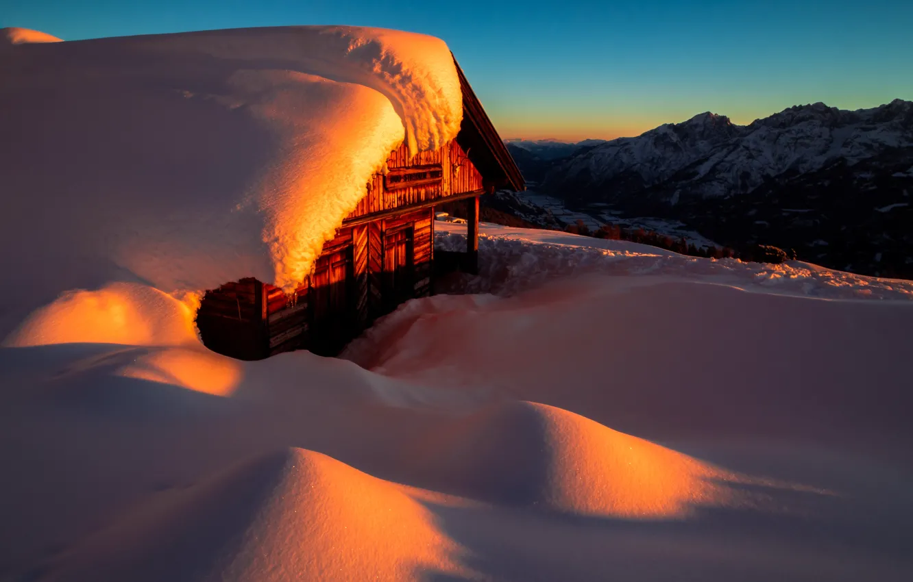 Photo wallpaper winter, roof, light, snow, sunset, mountains, blue, in the snow