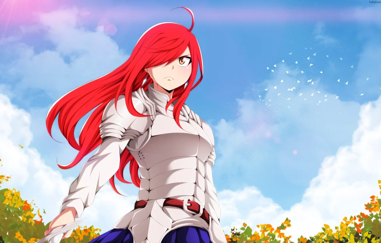 Photo wallpaper red, game, armor, sky, red hair, anime, cloud, redhead