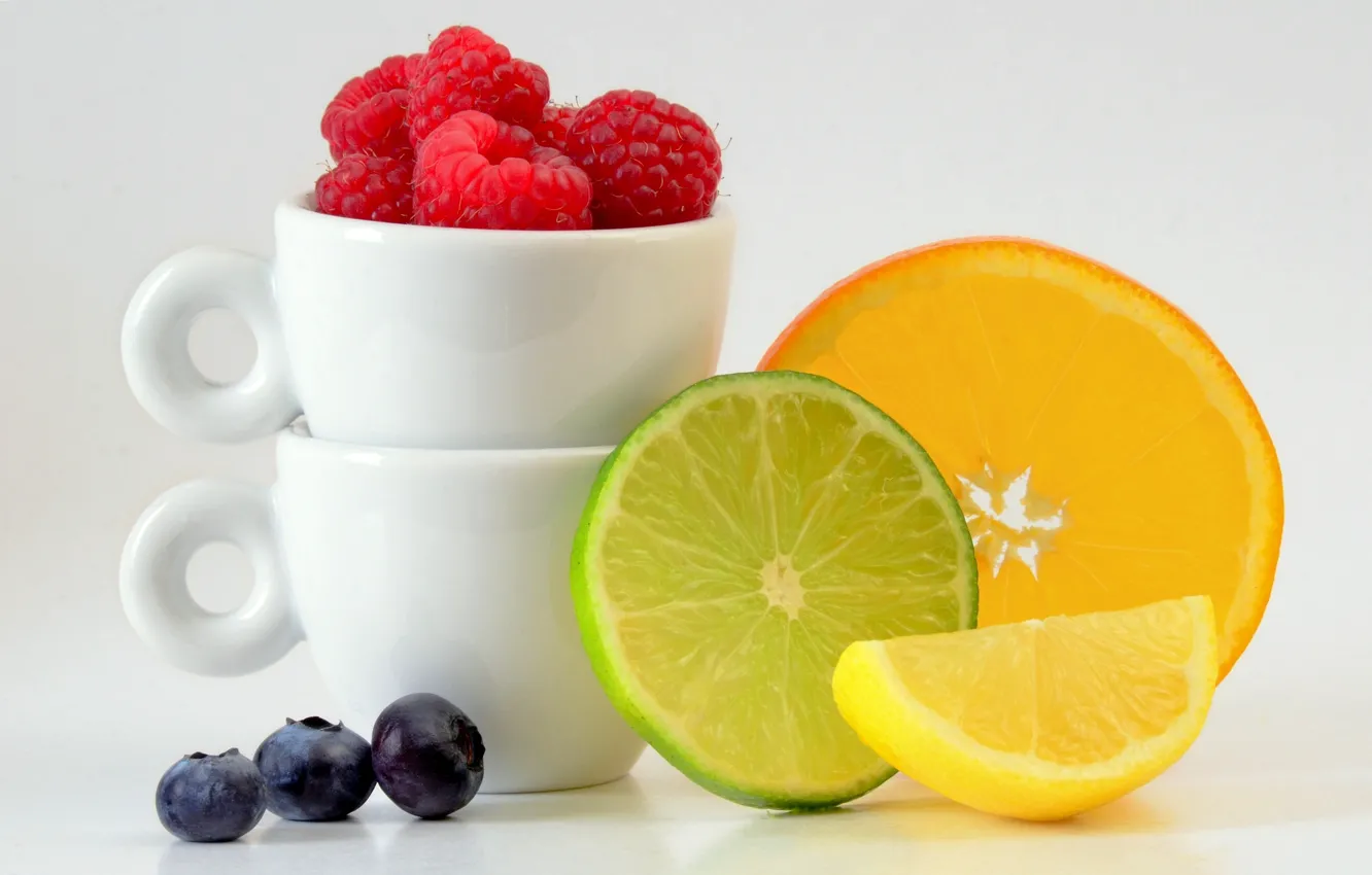 Photo wallpaper berries, raspberry, lemon, orange, Cup, lime, fruit, citrus