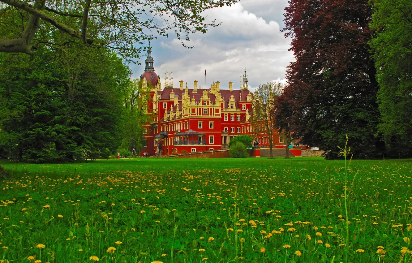 Photo wallpaper greens, grass, clouds, trees, flowers, castle, Germany, dandelions