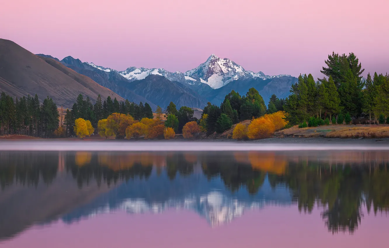 Photo wallpaper autumn, forest, snow, mountains, reflection, shore, tops, morning