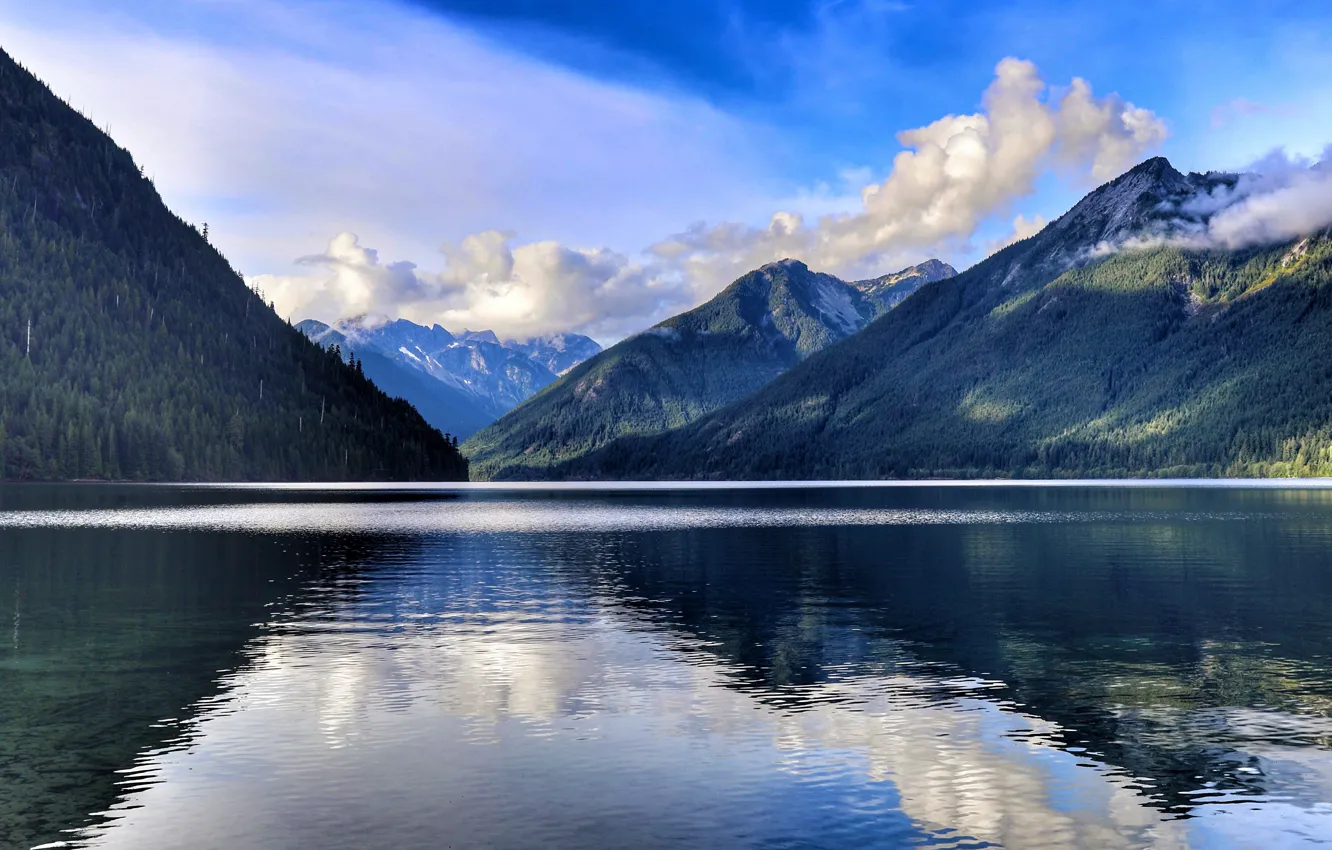 Photo wallpaper forest, clouds, light, mountains, lake, reflection, blue, tops