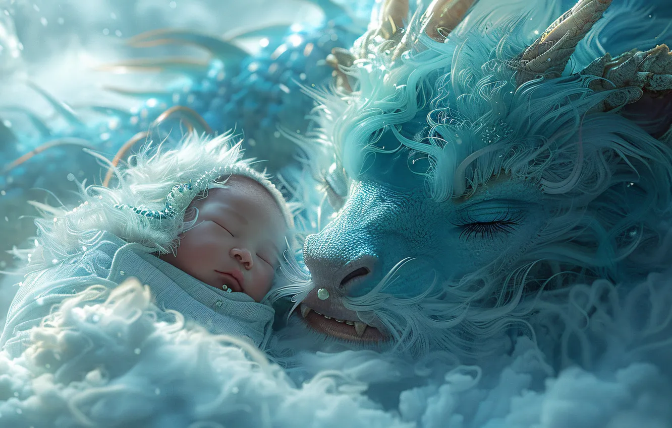 Photo wallpaper winter, clouds, light, snow, children, blue, dragon, smoke